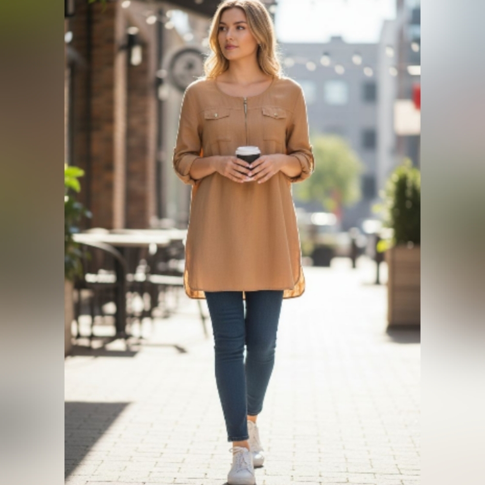 Ellen Tracy Camel Linen Tunic Top Size XL